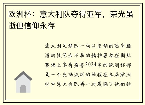 欧洲杯：意大利队夺得亚军，荣光虽逝但信仰永存